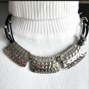 Chico's Hammered Silver Pendant Necklace on Black Leather Cord